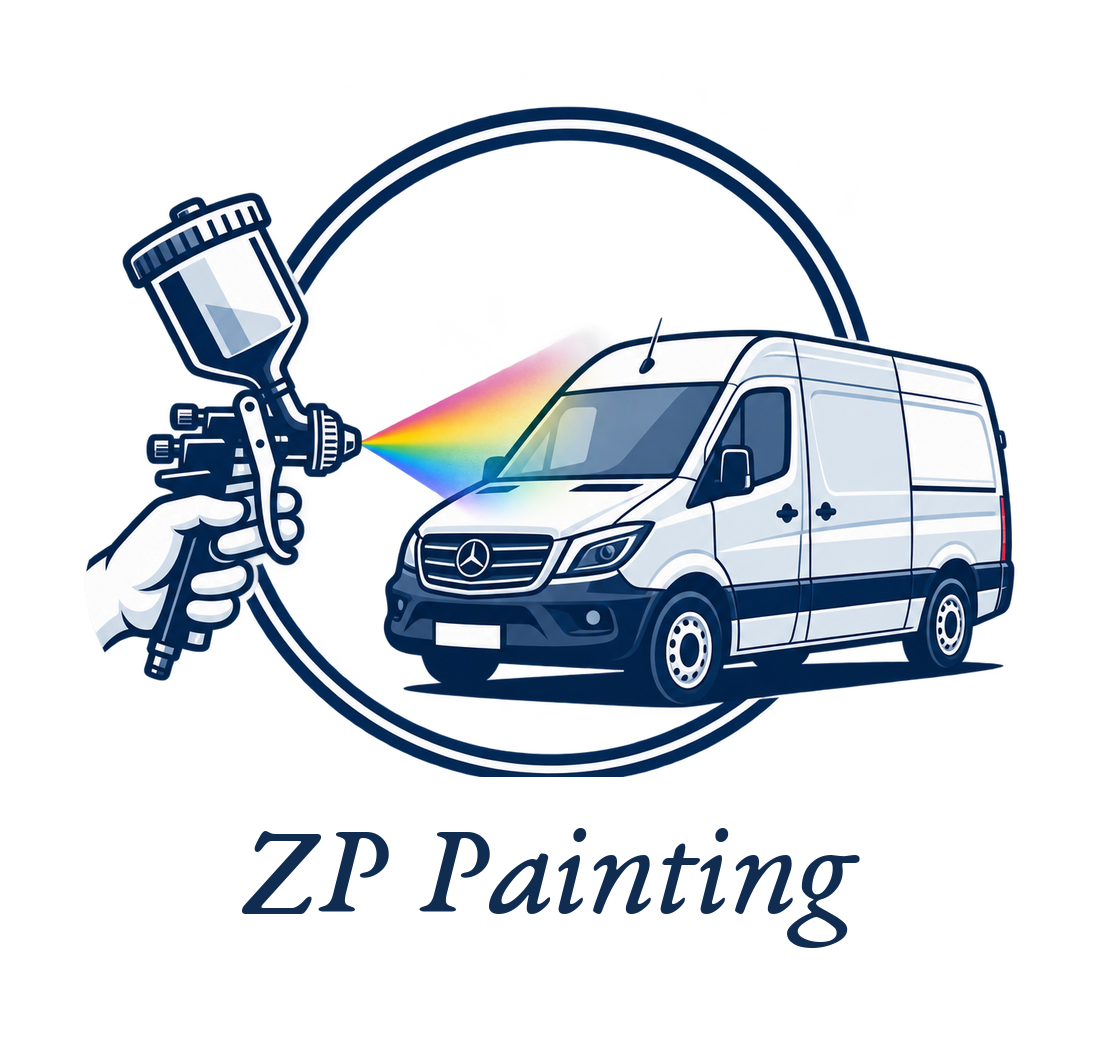 ZP Painting line-art spray gun and mobile van with rainbow spray, above a fine italic wordmark